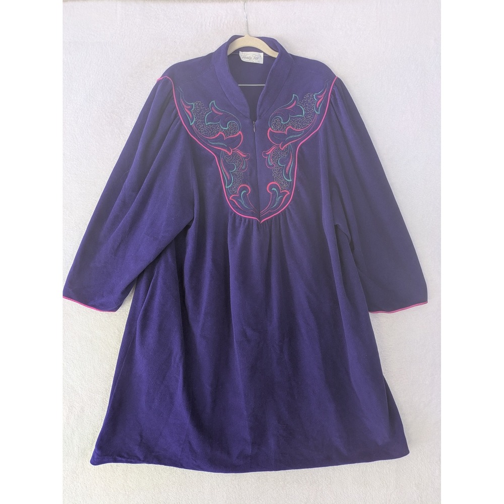 Vanity Fair Robe Loungedress Women's XXL Purple Embroidered Half-Zip Vintage USA